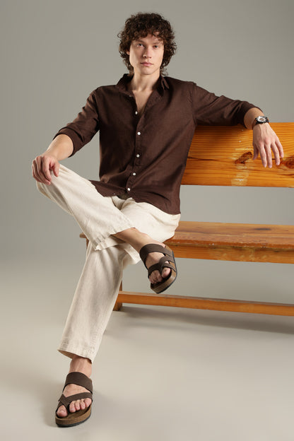 Dark Brown Cotton Linen Blend Shirt for Men | Breathable Fit
