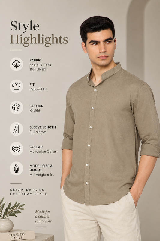 FRENCH LINEN BLEND RELAXED FIT KHAKHI  MEN'S SHIRT