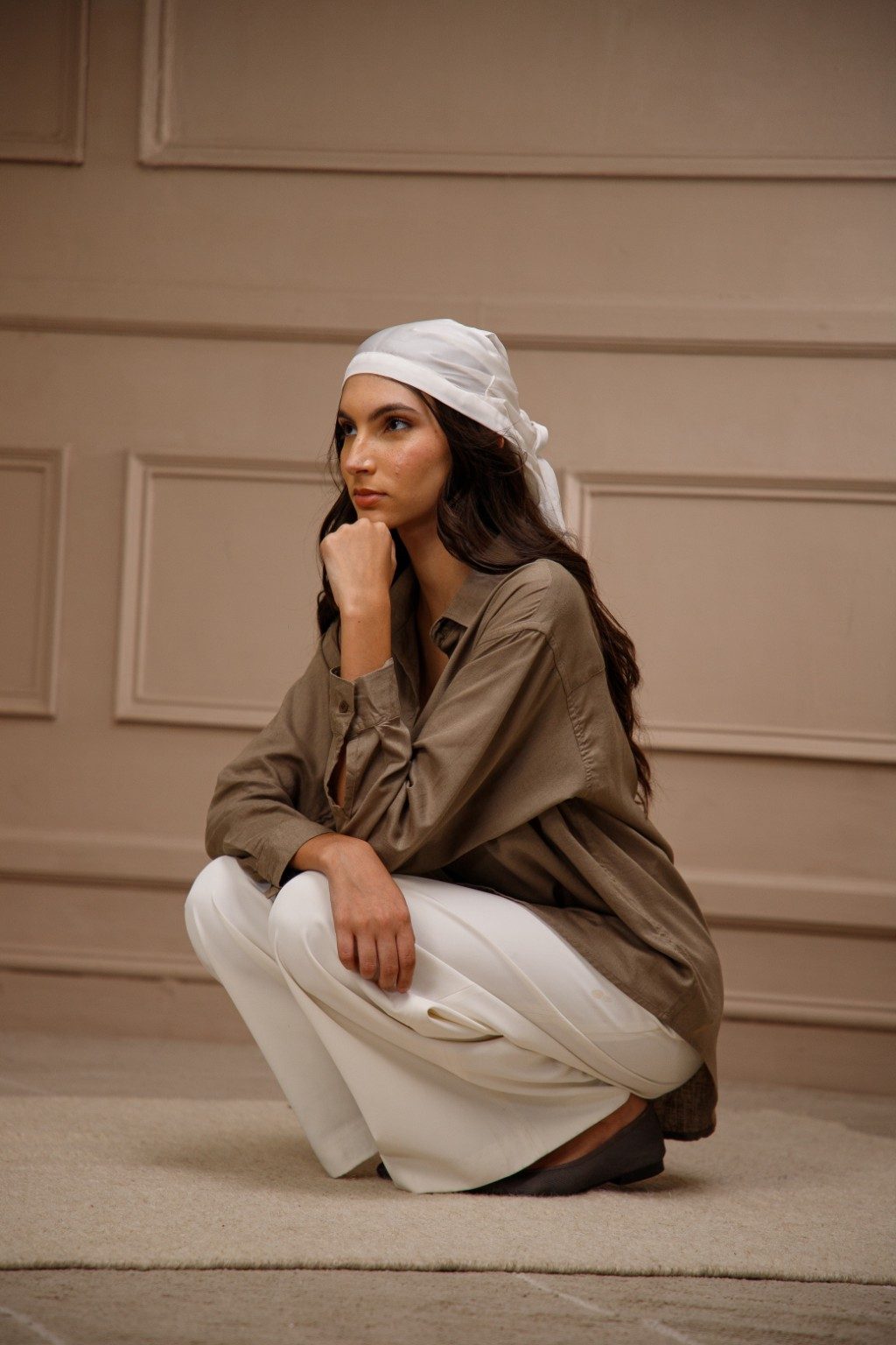 Khaki Cotton Linen Blend Shirt for Women