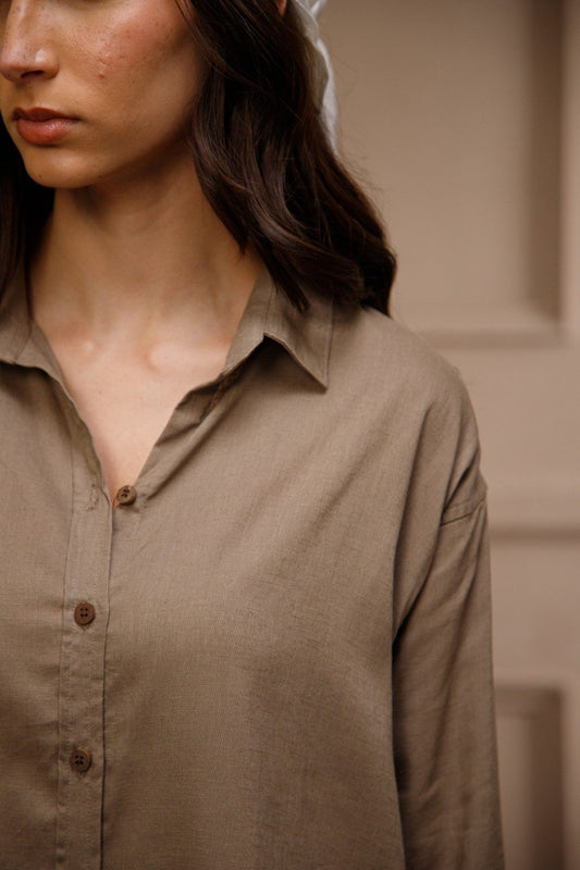 Khaki Cotton Linen Blend Shirt for Women