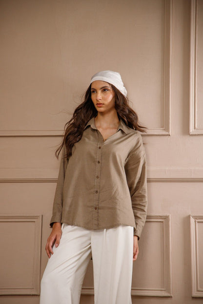 Khaki Cotton Linen Blend Shirt for Women