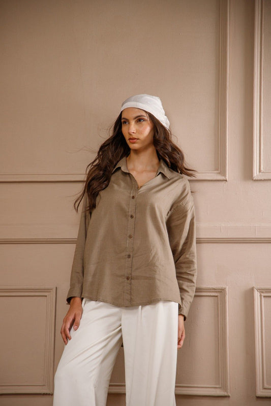 Khaki Cotton Linen Blend Shirt for Women