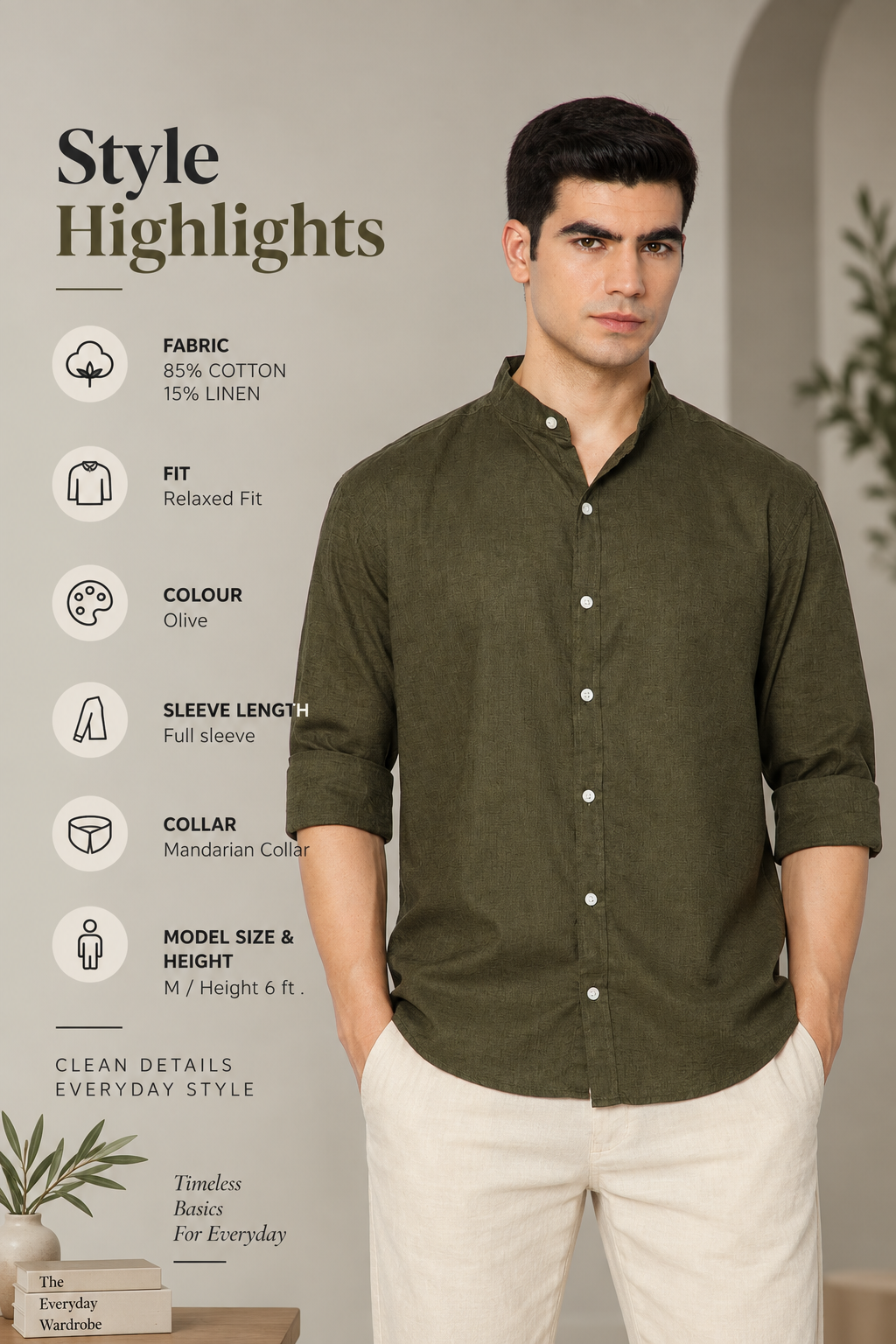 FRENCH LINEN BLEND RELAXED FIT OLIVE MEN'S SHIRT