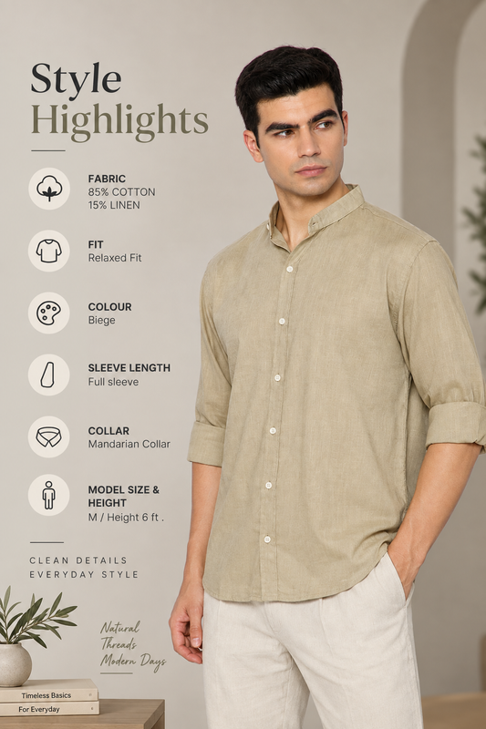 FRENCH LINEN BLEND RELAXED FIT BEIGE  MEN'S SHIRT