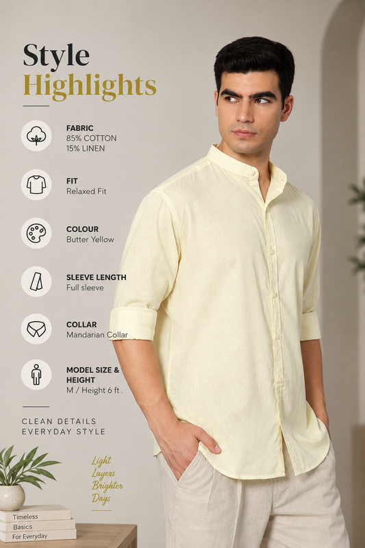 FRENCH LINEN BLEND RELAXED FIT BUTTER YELLOW MEN'S SHIRT