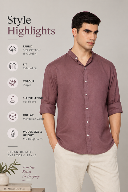 FRENCH LINEN BLEND RELAXED FIT PURPLE MEN'S SHIRT