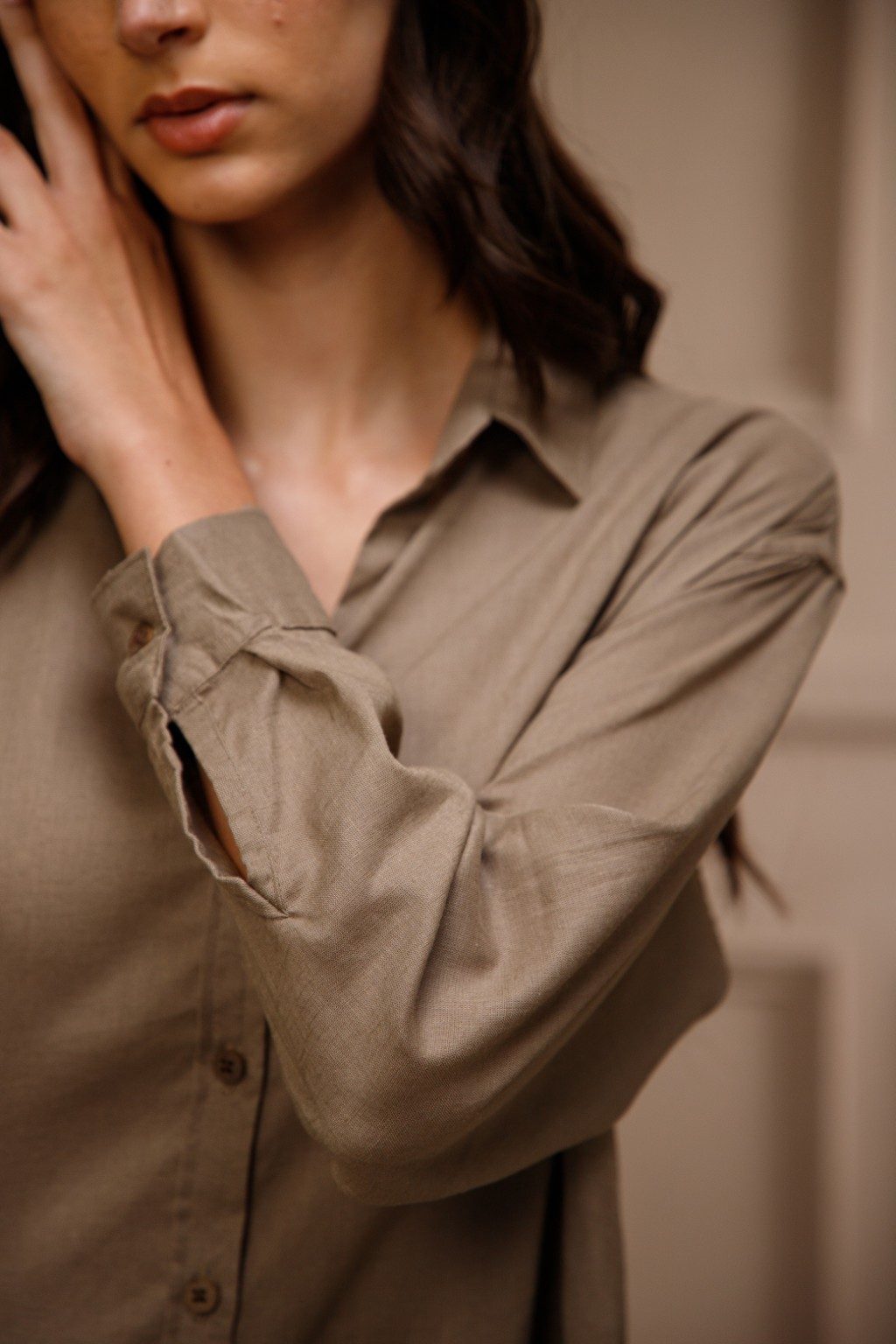 Khaki Cotton Linen Blend Shirt for Women